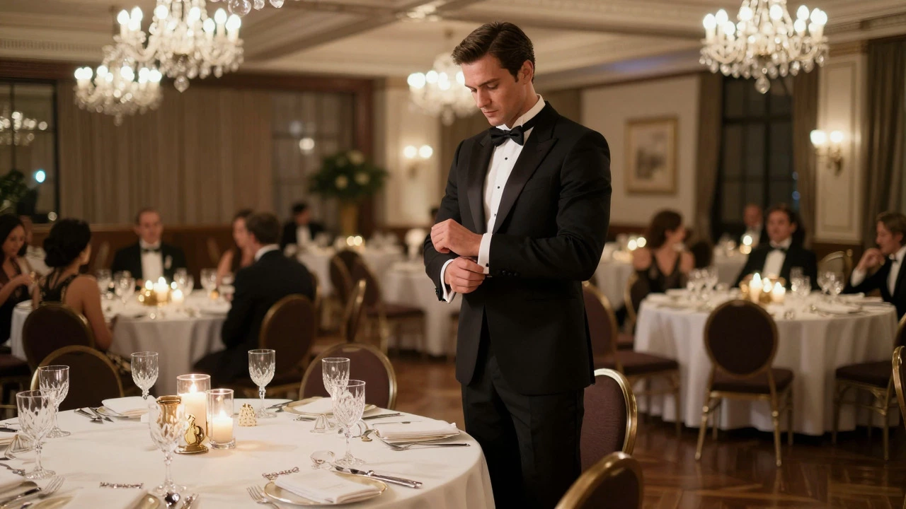 Man in tuxedo adjusting cufflinks at gala dinner