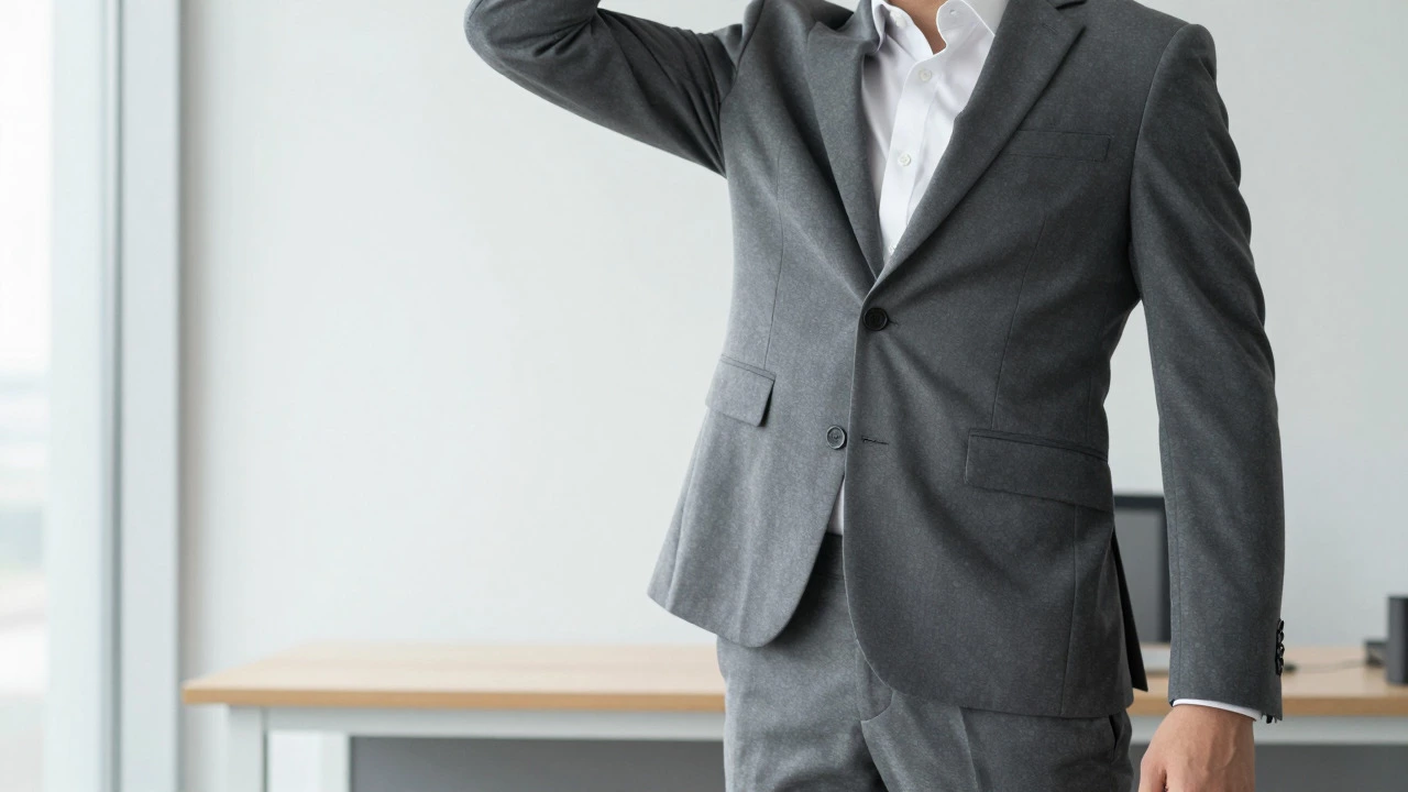 Man raising arm to demonstrate proper suit drape and shoulder fit