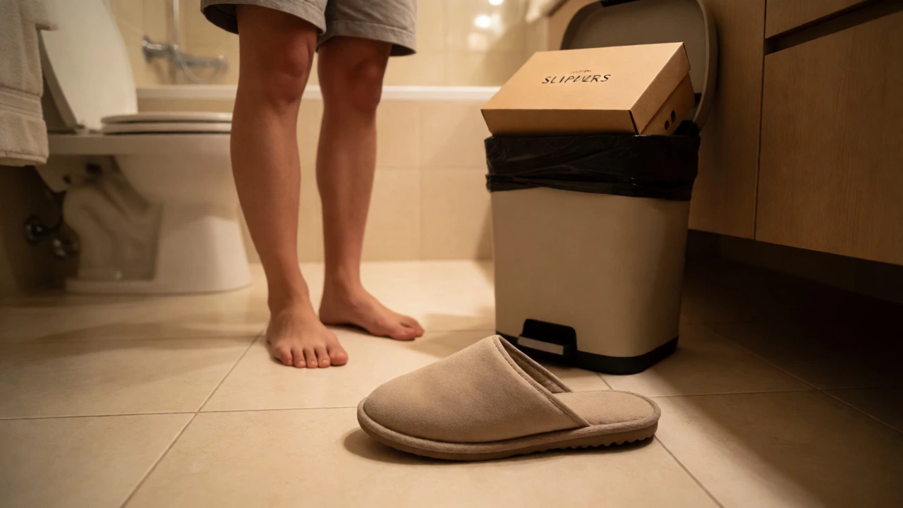 Old smooth-soled slipper beside a trash bin and new slipper box.