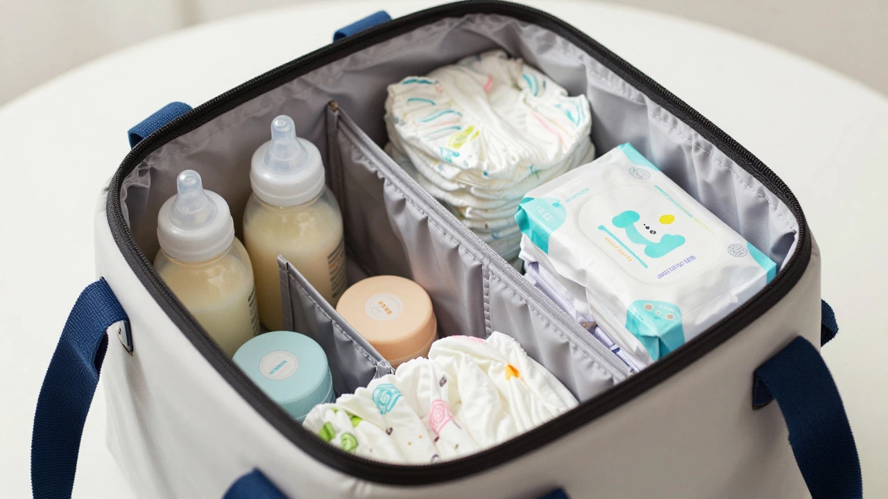 Organized interior of a diaper bag with baby essentials