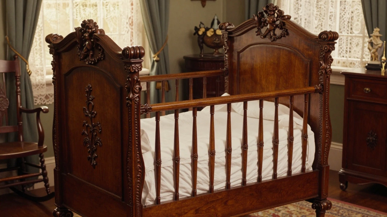 Ornate Victorian mahogany crib with carvings in a well-decorated middle-class bedroom