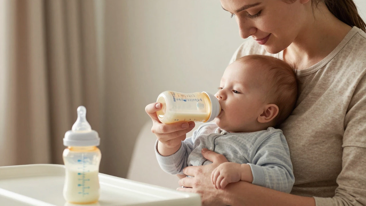 Parent feeding calm baby with anti-colic bottle