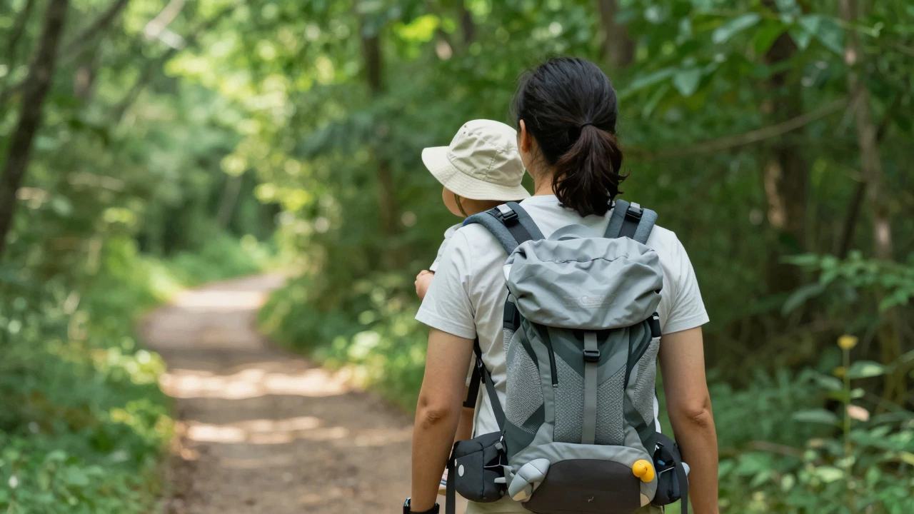 Parent hiking with toddler in back carrier
