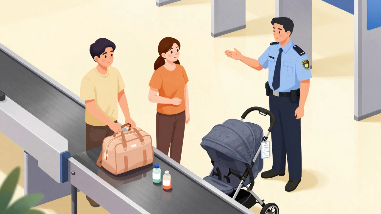 Parent placing diaper bag on TSA scanner with stroller nearby