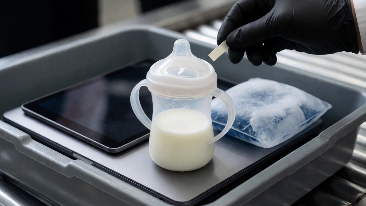 Security officer inspecting a sippy cup of milk on an X-ray tray.