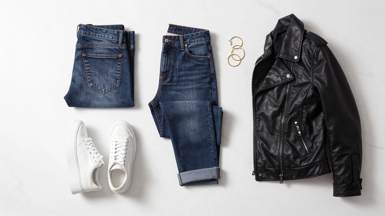 Styling flat lay with dark jeans, sneakers, leather jacket, and gold accessories