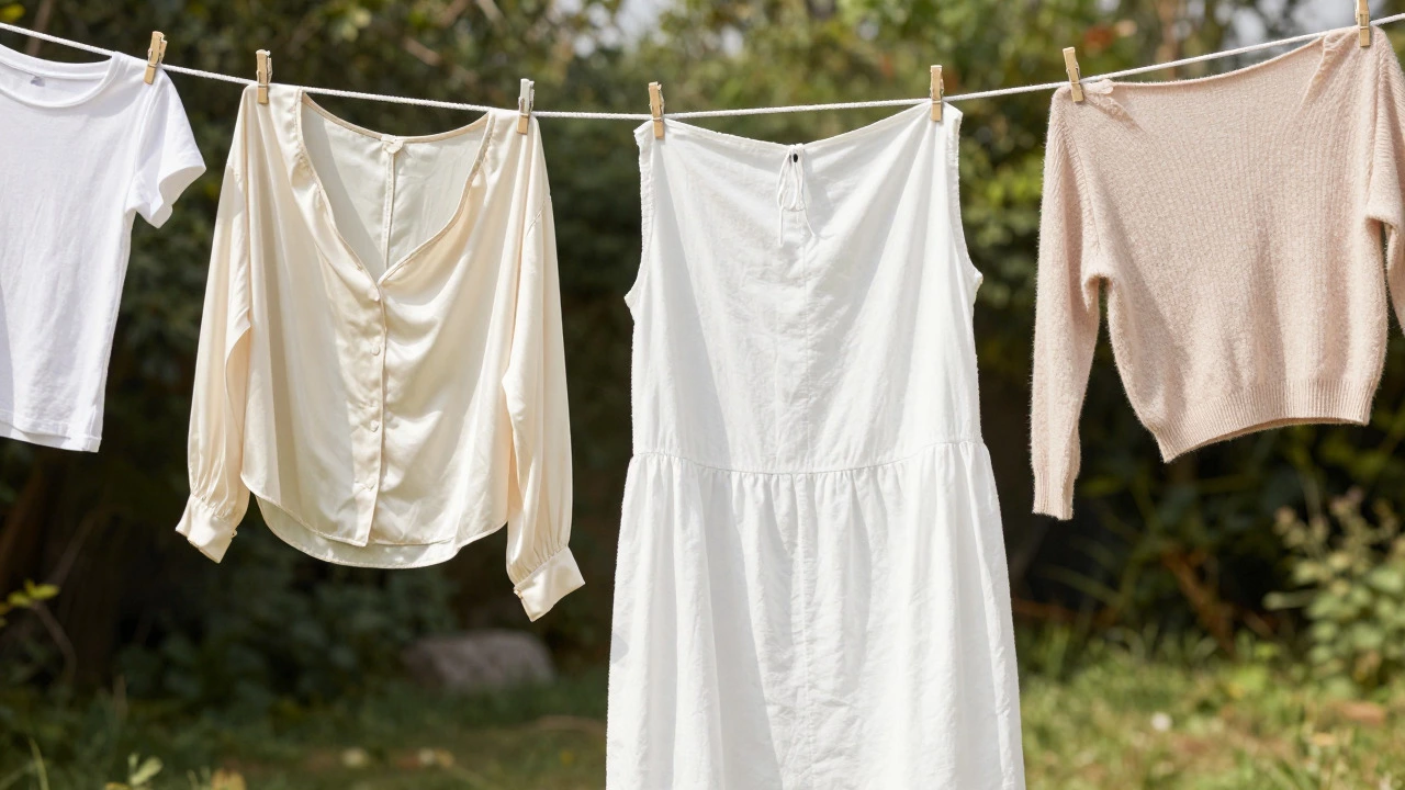 Summer clothes including cotton, silk, and wool drying on a line in a garden