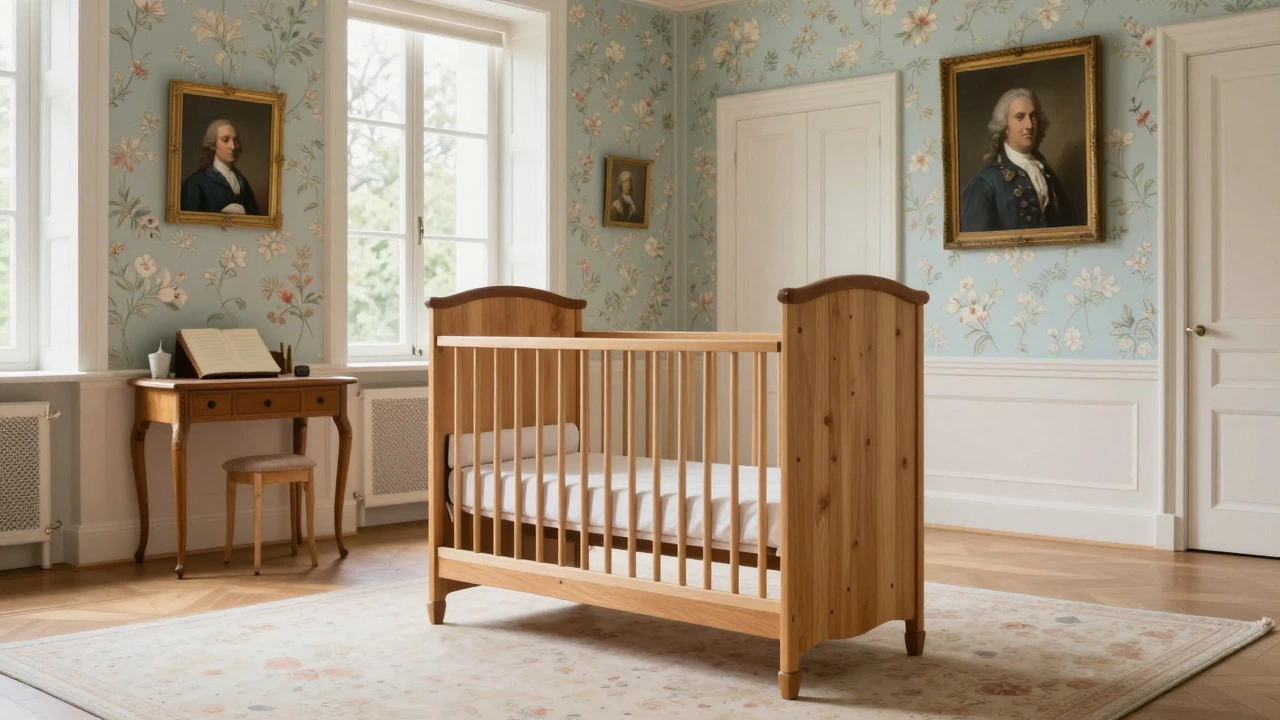 Sunlit 18th-century nursery featuring a high-sided wooden crib in a separate room