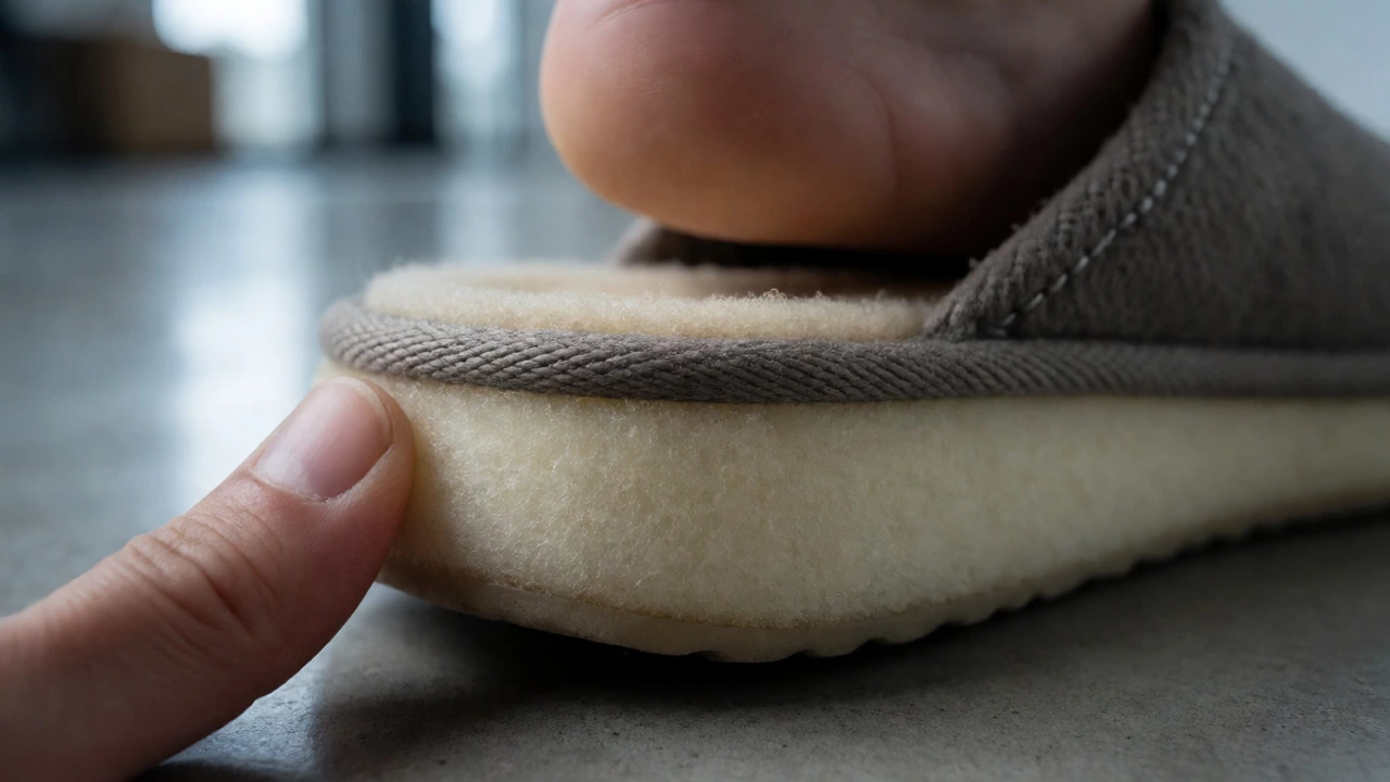 Thumb pressing into a slipper's heel to show permanent foam compression.