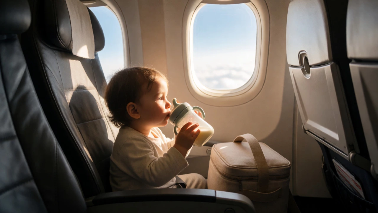 Toddler drinking milk from a sippy cup while seated by an airplane window.