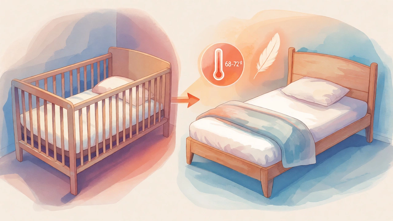 Artistic comparison of crib safety versus toddler bed blanket freedom