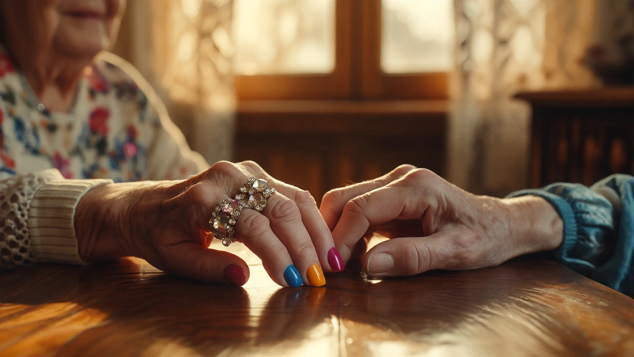 Close-up of an elderly couple's hands symbolizing Dolly and Carl's enduring marriage