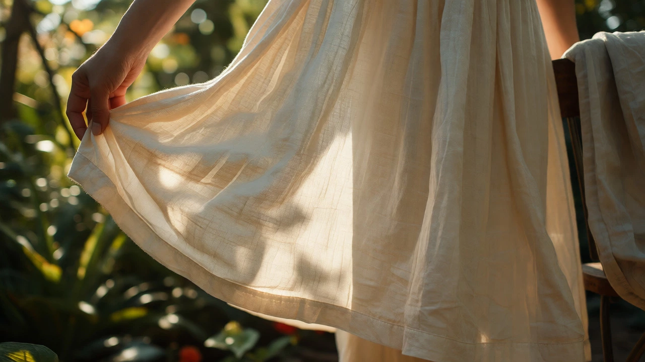 Close-up of breathable cream cotton dress fabric