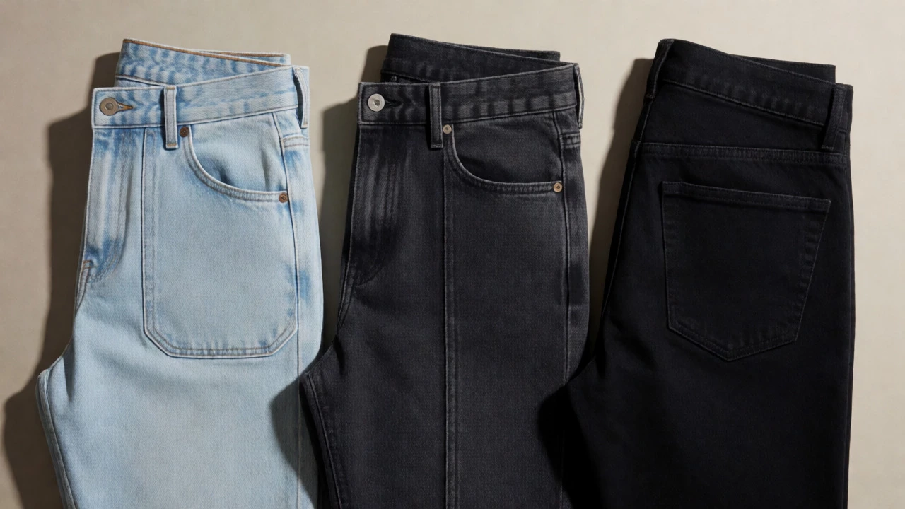 Comparison of light and dark wash jeans highlighting slimming details