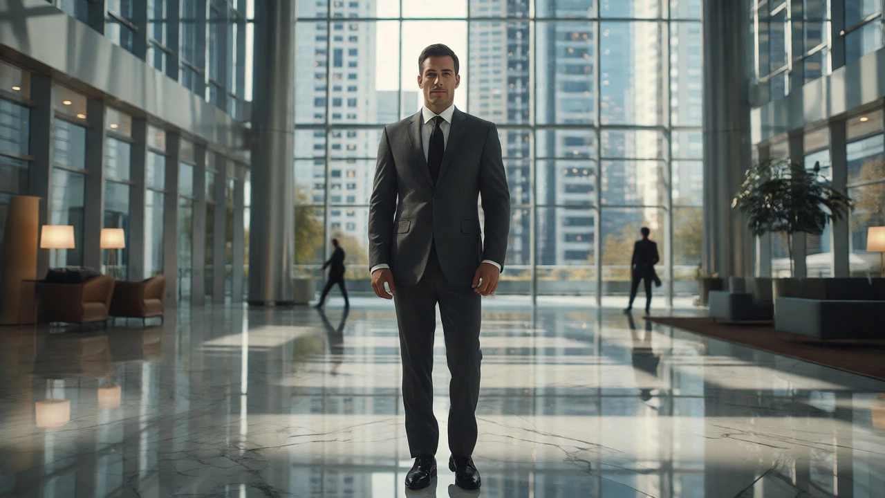 Confident man in a well-fitted suit standing in a modern office lobby.