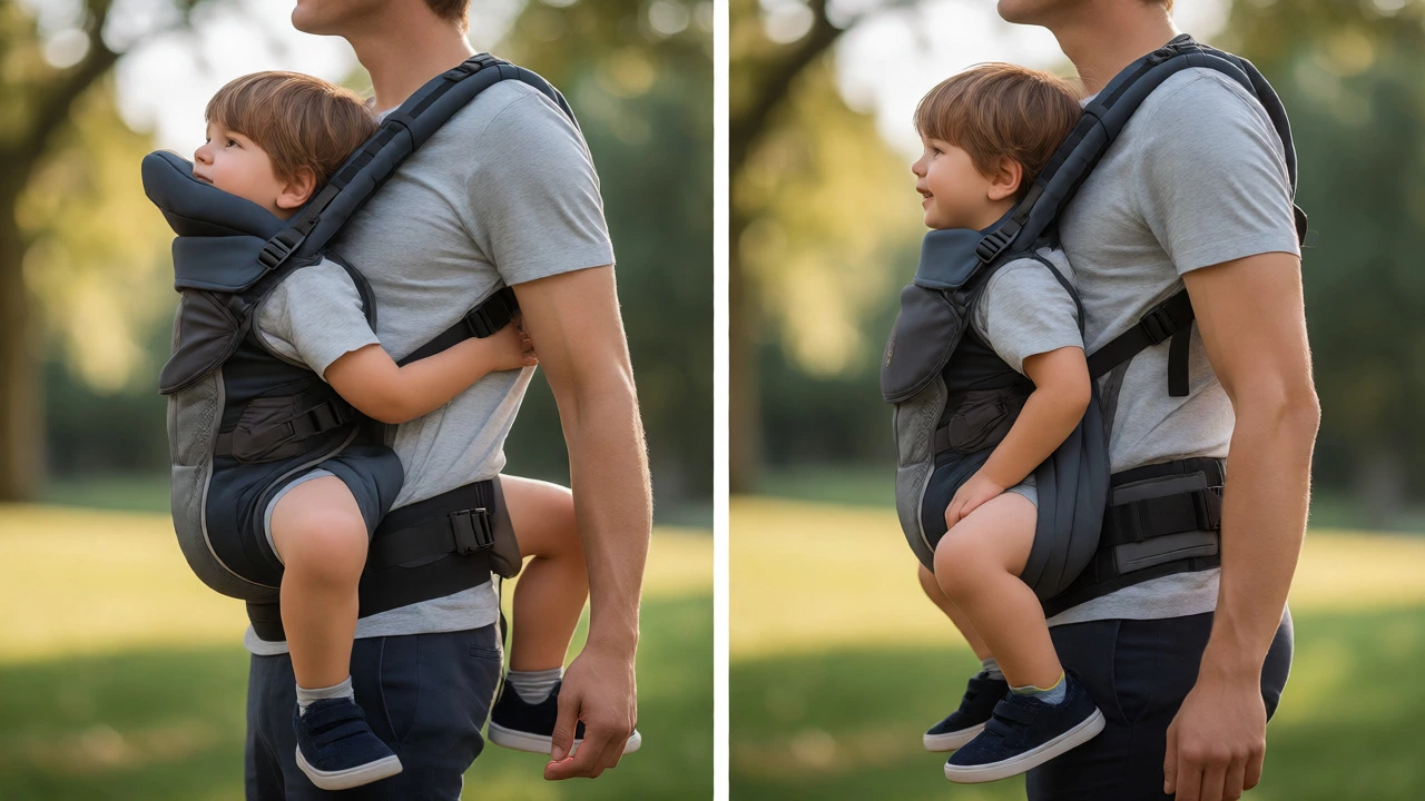 Correct ergonomic positioning of a toddler in a structured carrier with proper hip support.