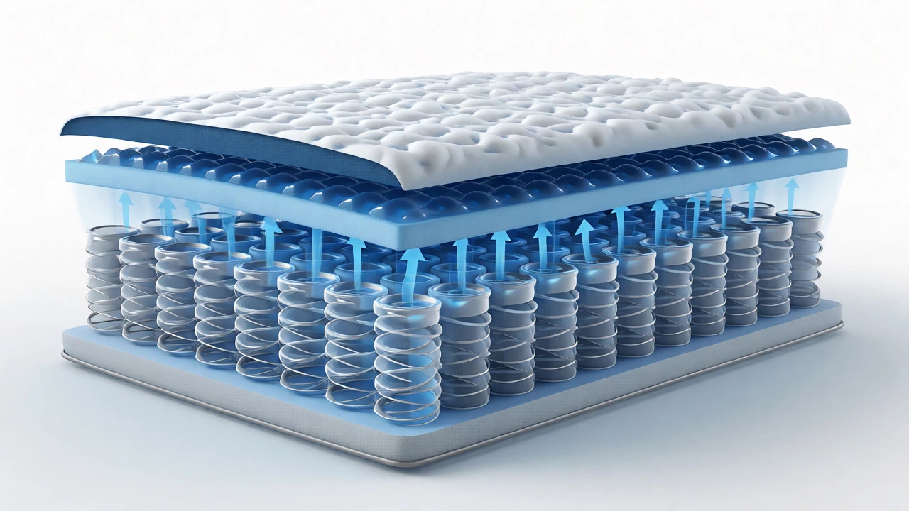 Cross-section of hybrid toddler mattress showing coils and foam layers
