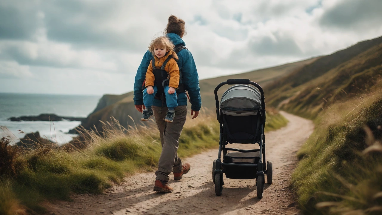 Family using a hiking-style carrier and stroller alternative for an older child outdoors.