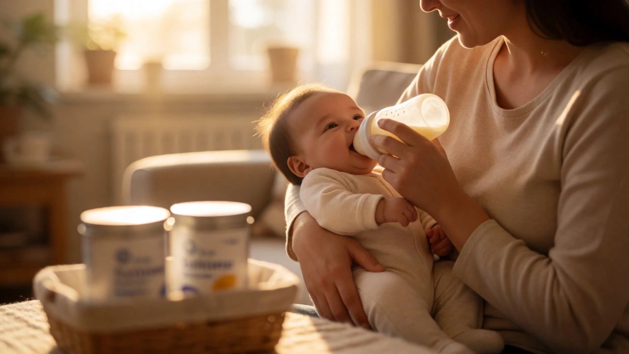 Happy baby being fed with new formula bottles nearby