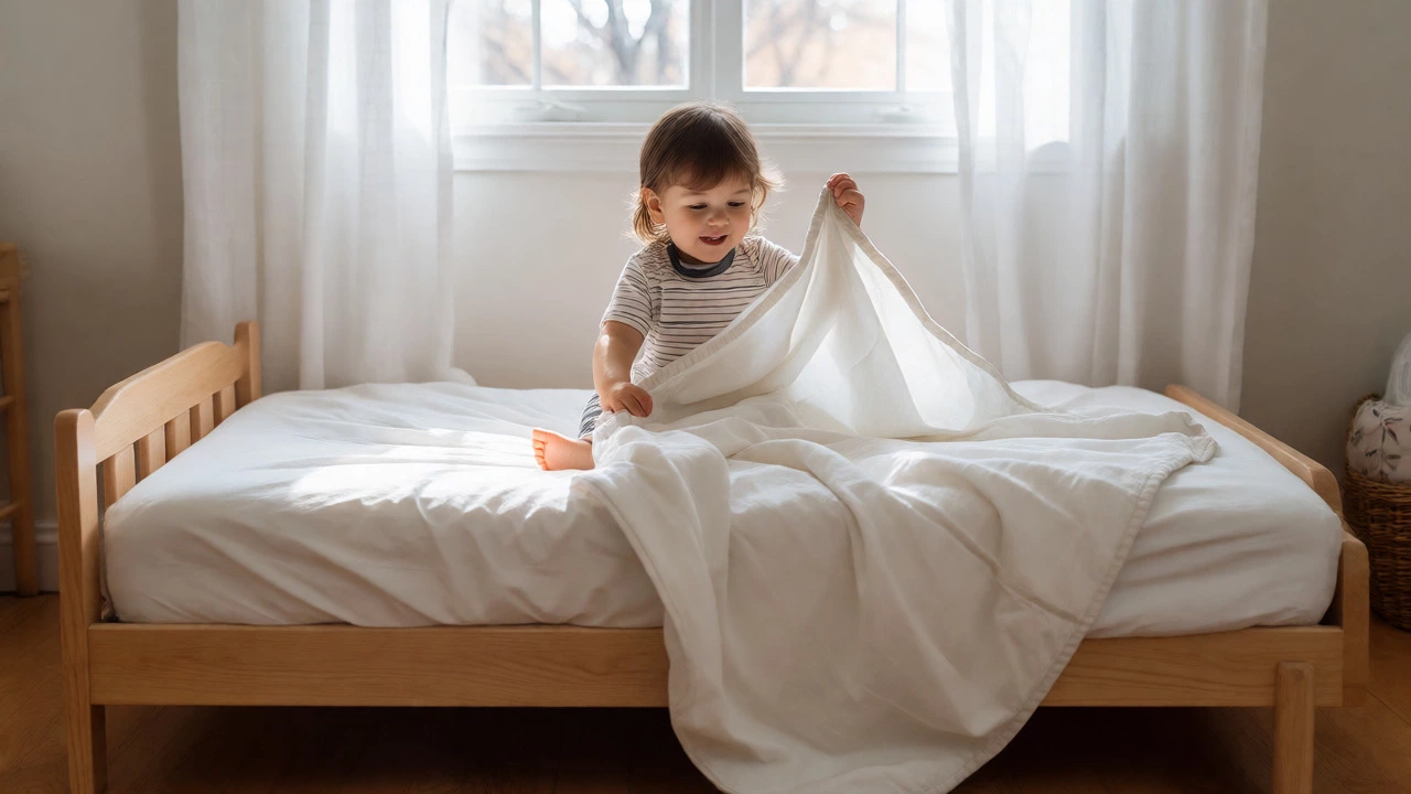 Happy toddler in a bed holding a lightweight breathable cotton blanket