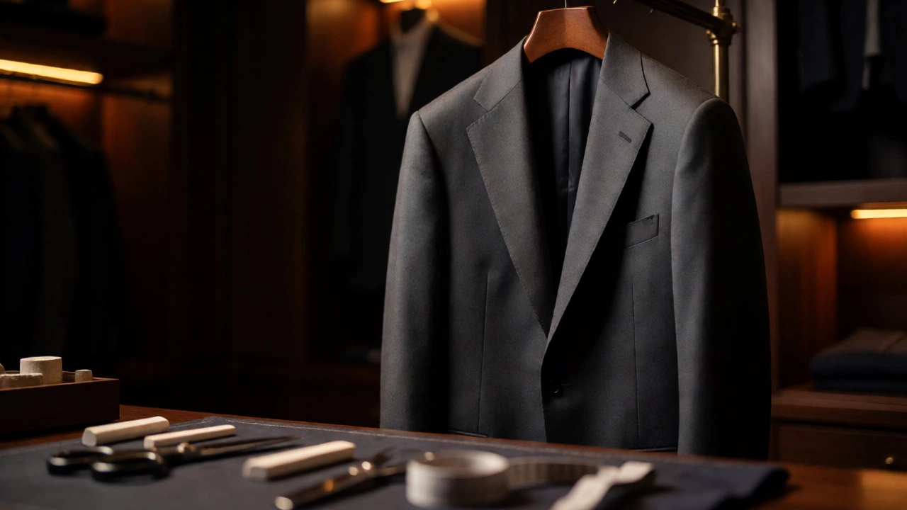 Luxury grey suit hanging in boutique with tailoring tools in foreground