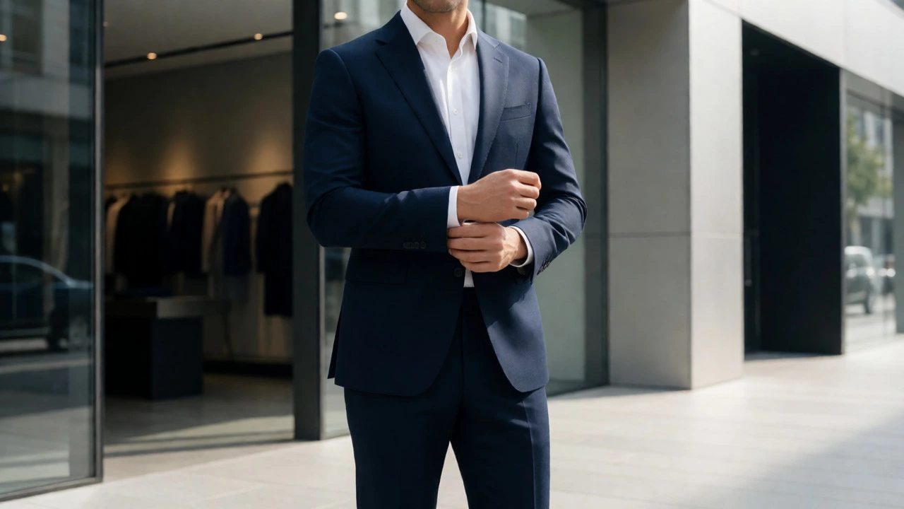 Man in navy suit adjusting sleeve cuff to demonstrate proper fit length