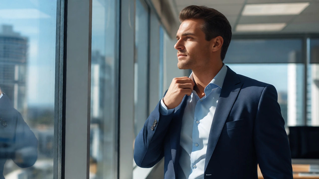 Man in navy suit and blue shirt adjusting collar near a window