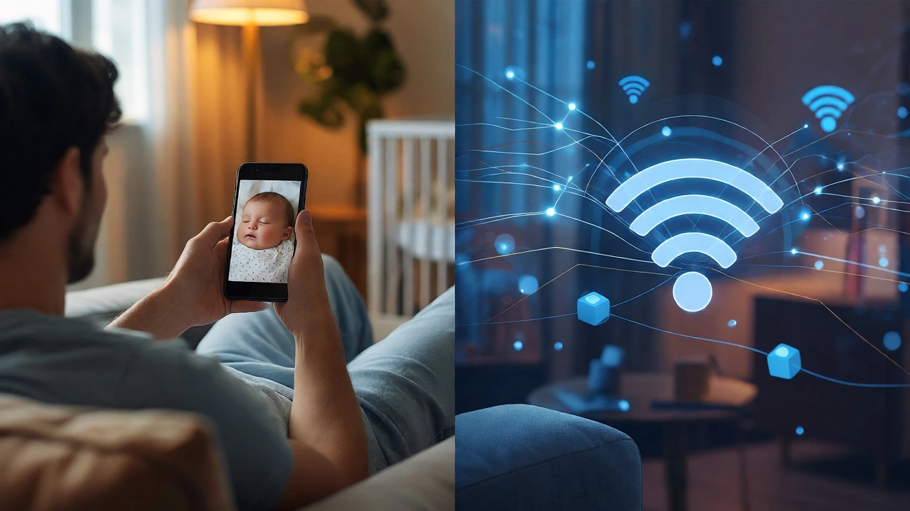 Parent watching a baby via smartphone app with visible Wi-Fi connection graphics.