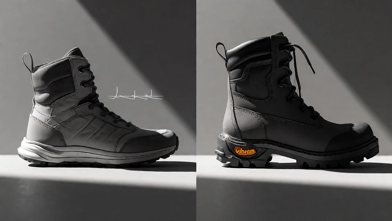 Side-by-side comparison of a thin-soled boot and a thick-soled Ranger boot showing height difference.