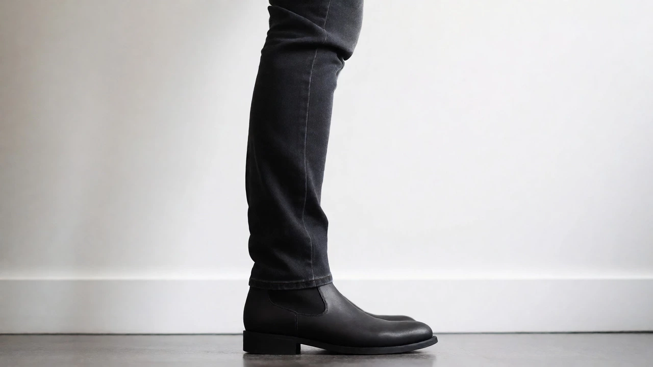 Side profile of a person wearing low-profile Thursday Weekender boots against a wall.