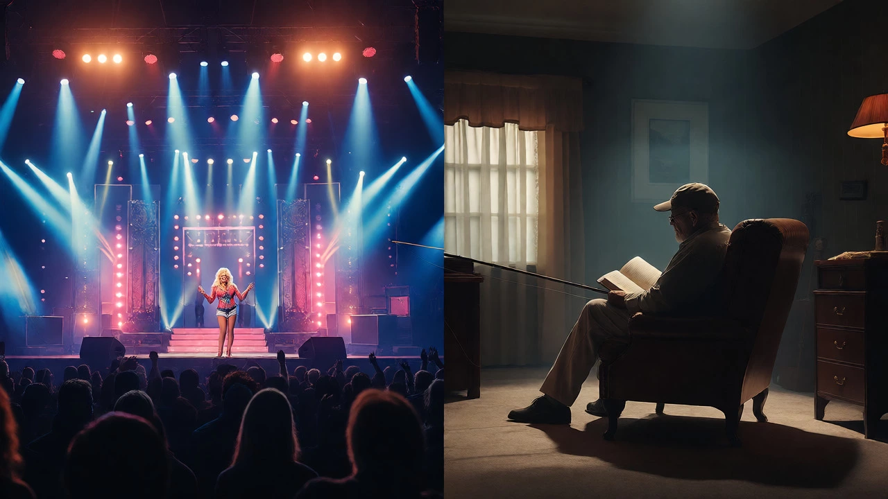 Split view contrasting Dolly's bright stage life with Carl's quiet private world