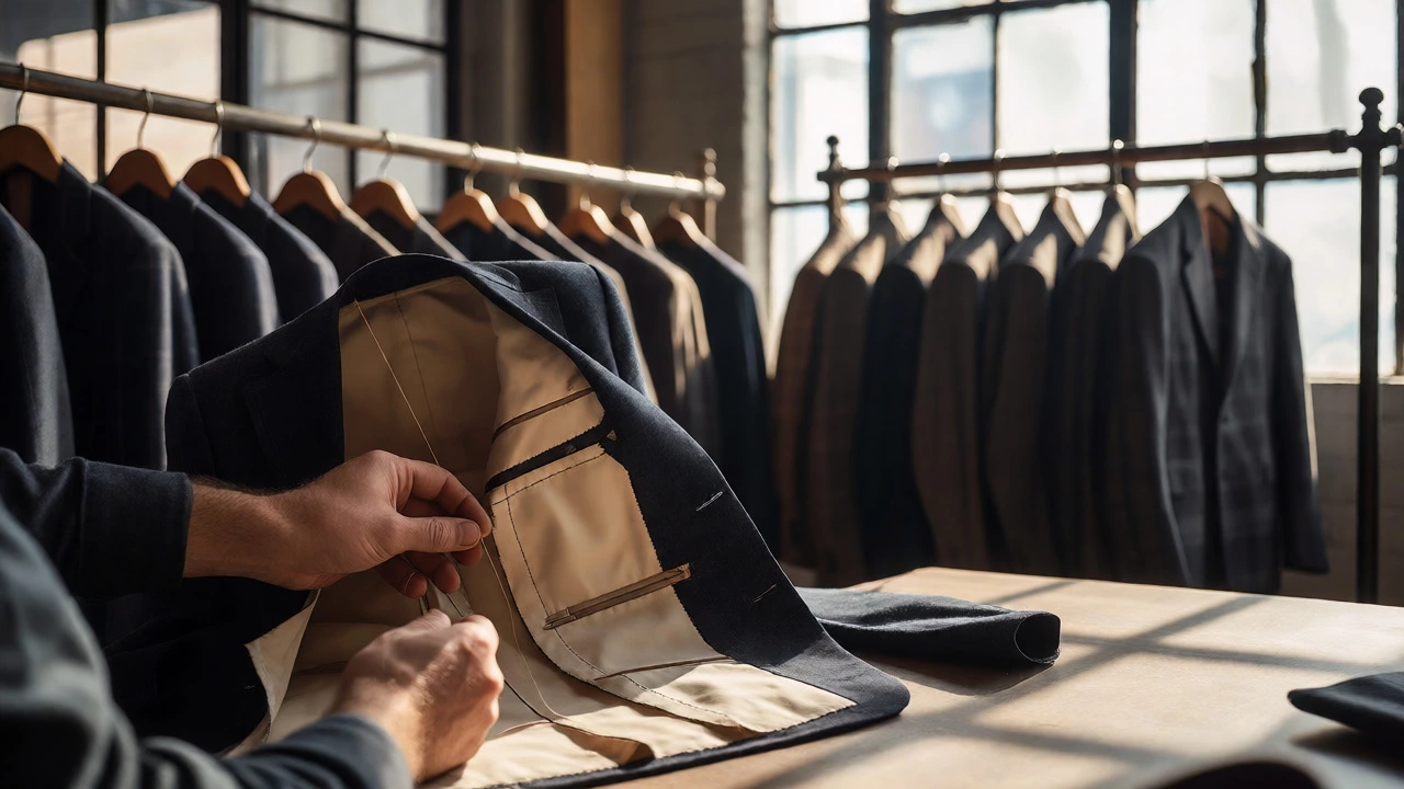 Tailor hand-stitching full canvas construction inside a suit jacket.