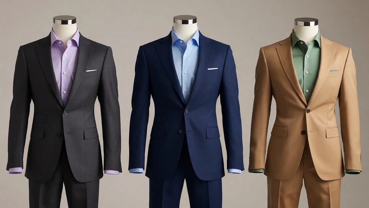 Three men modeling shirt and suit pairings: grey/lavender, navy/blue, tan/green