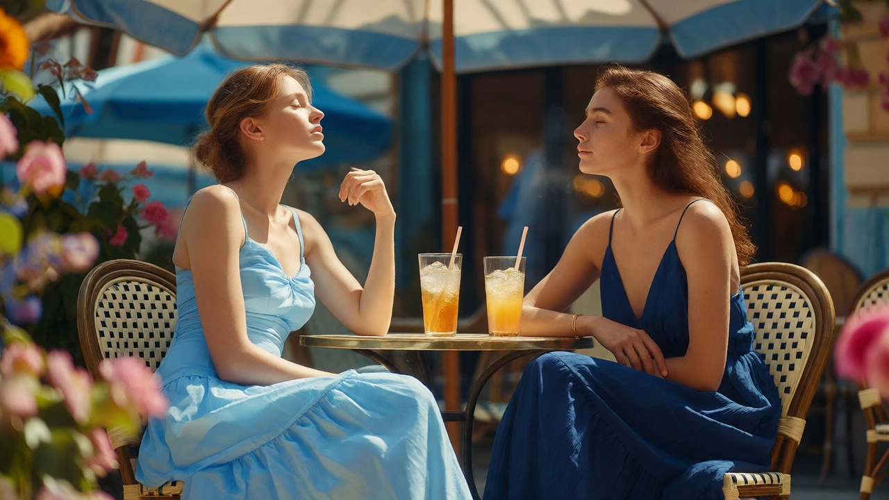 Two women comparing pastel and dark dresses outdoors