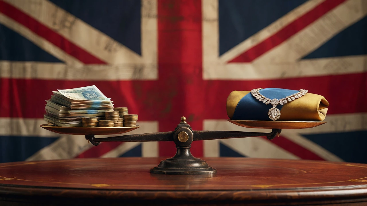 Balance scale comparing money with royal jewelry and sash
