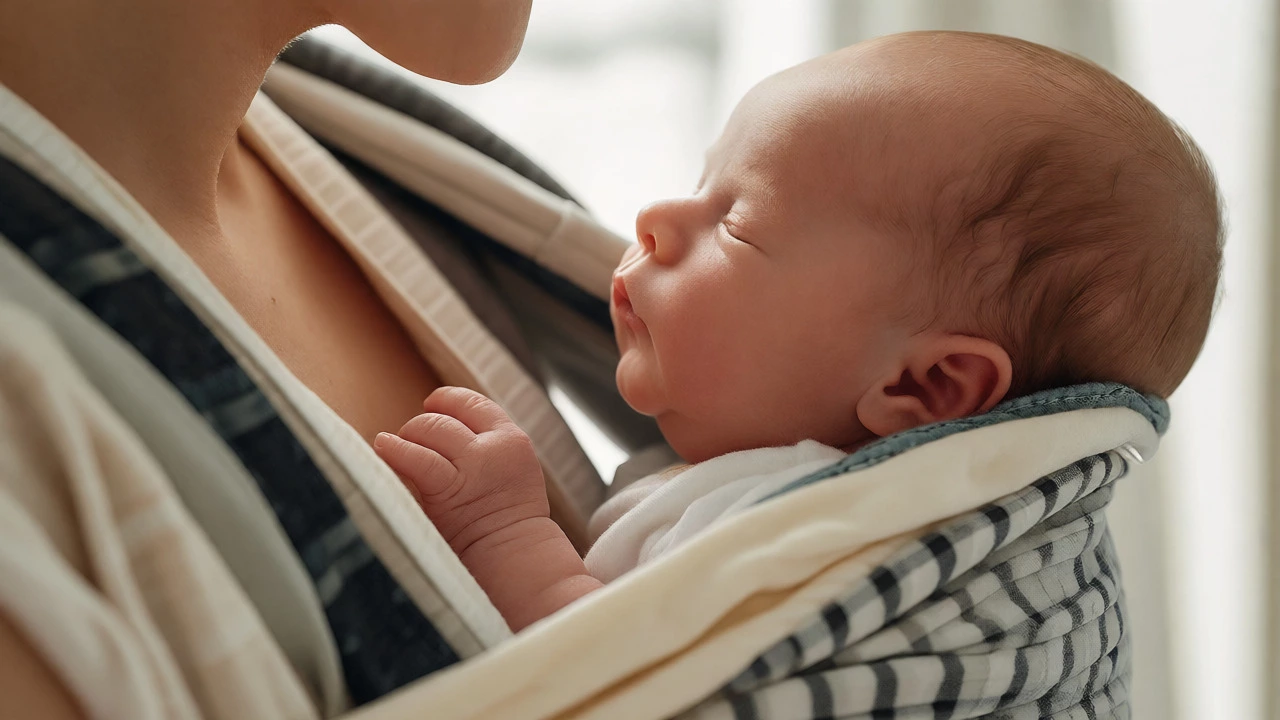 Close-up of baby's head support and open airway in carrier