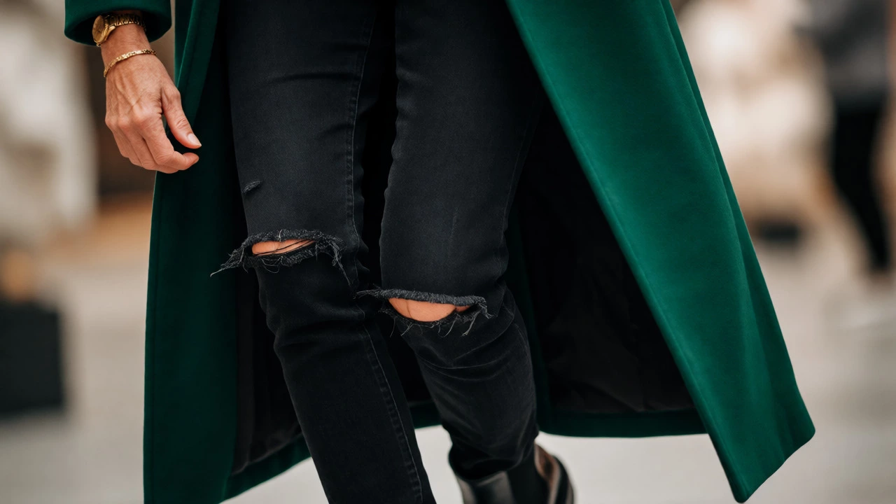 Close-up of black distressed jeans with Chelsea boots and green coat