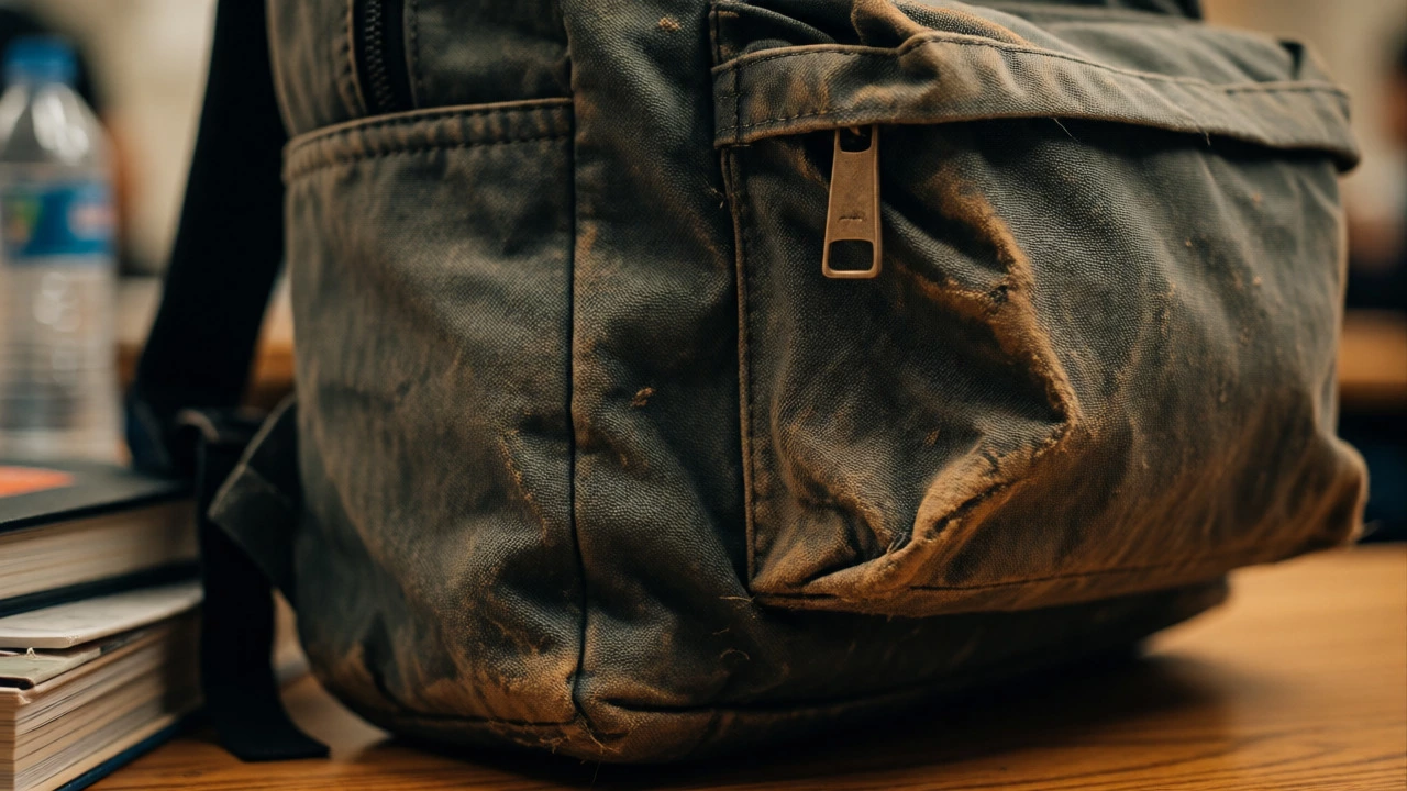 Close-up of durable, worn JanSport backpack fabric and zipper details
