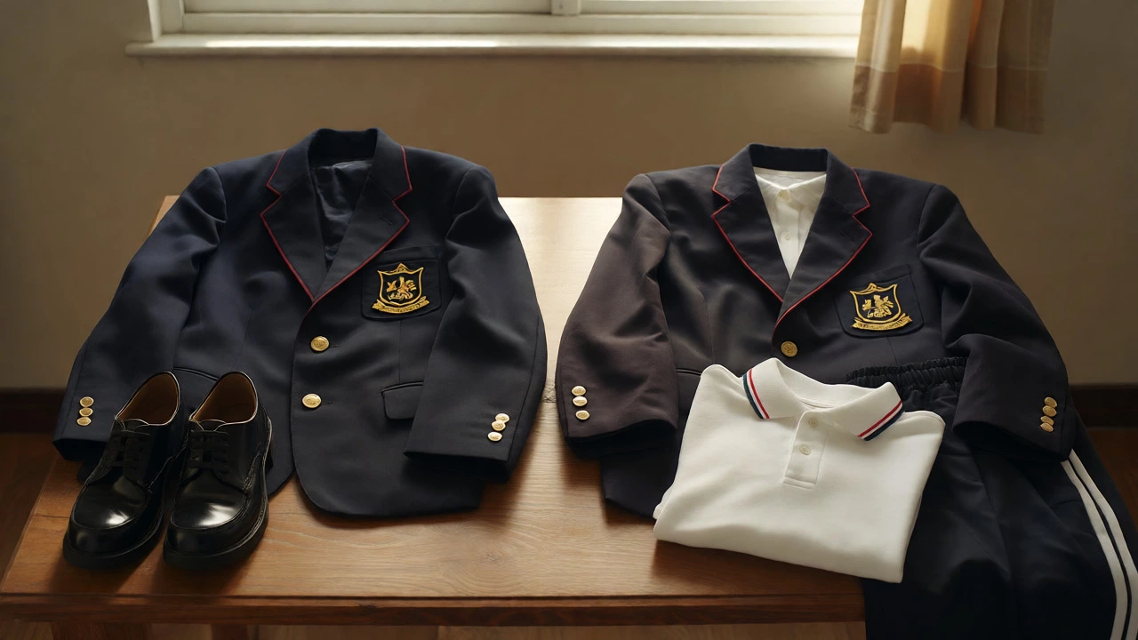 Comparison of new branded blazer and second-hand uniforms with generic items.
