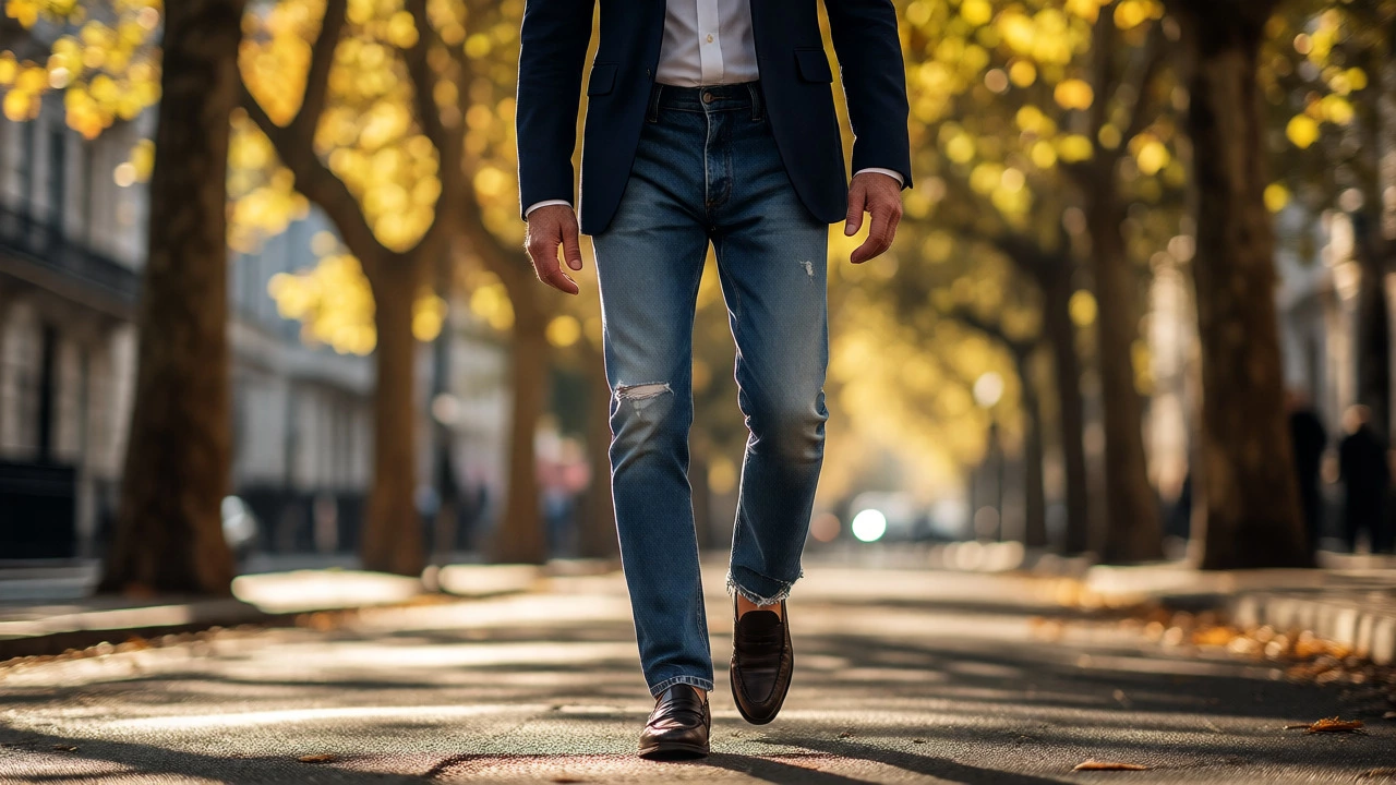 Elderly man in blazer and distressed jeans walking outdoors in autumn