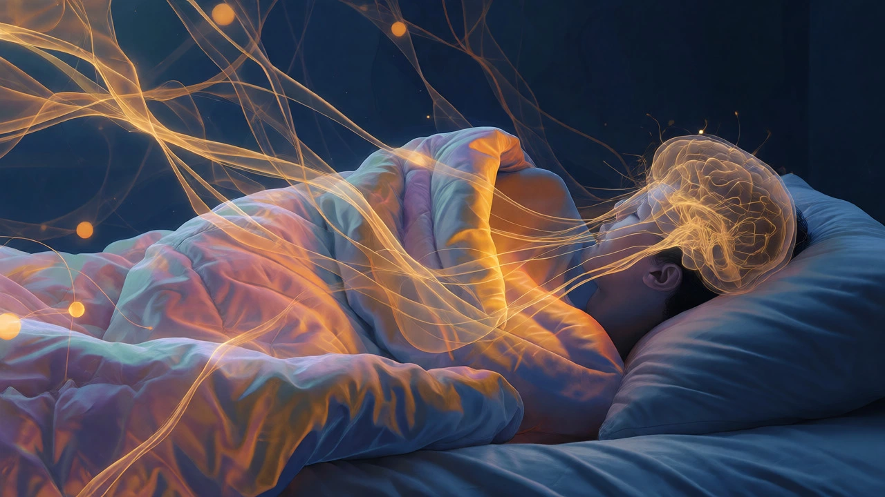 Glowing neural pathways connecting an adult to their comfort object in bed