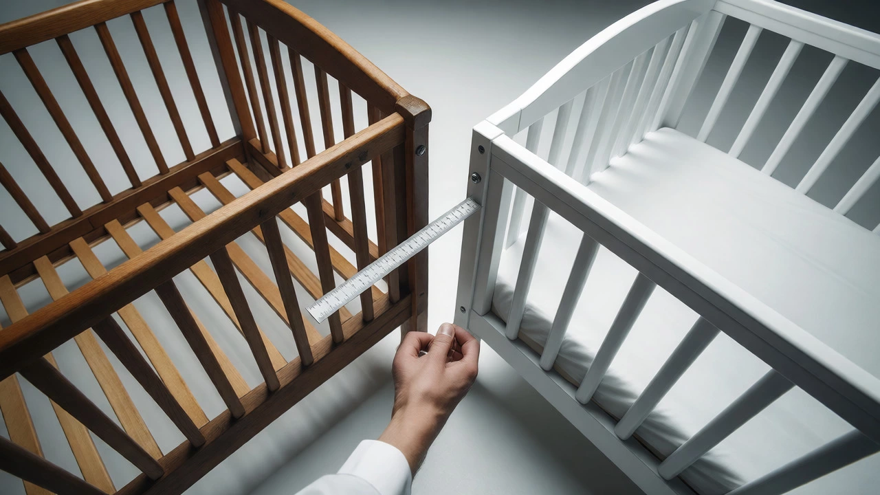 Hand using a ruler to measure crib slat spacing for safety compliance