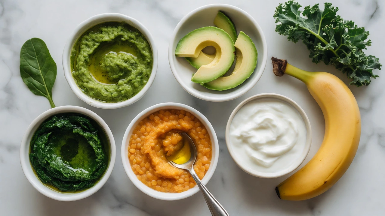 Healthy infant food purees including spinach, lentils, and avocado