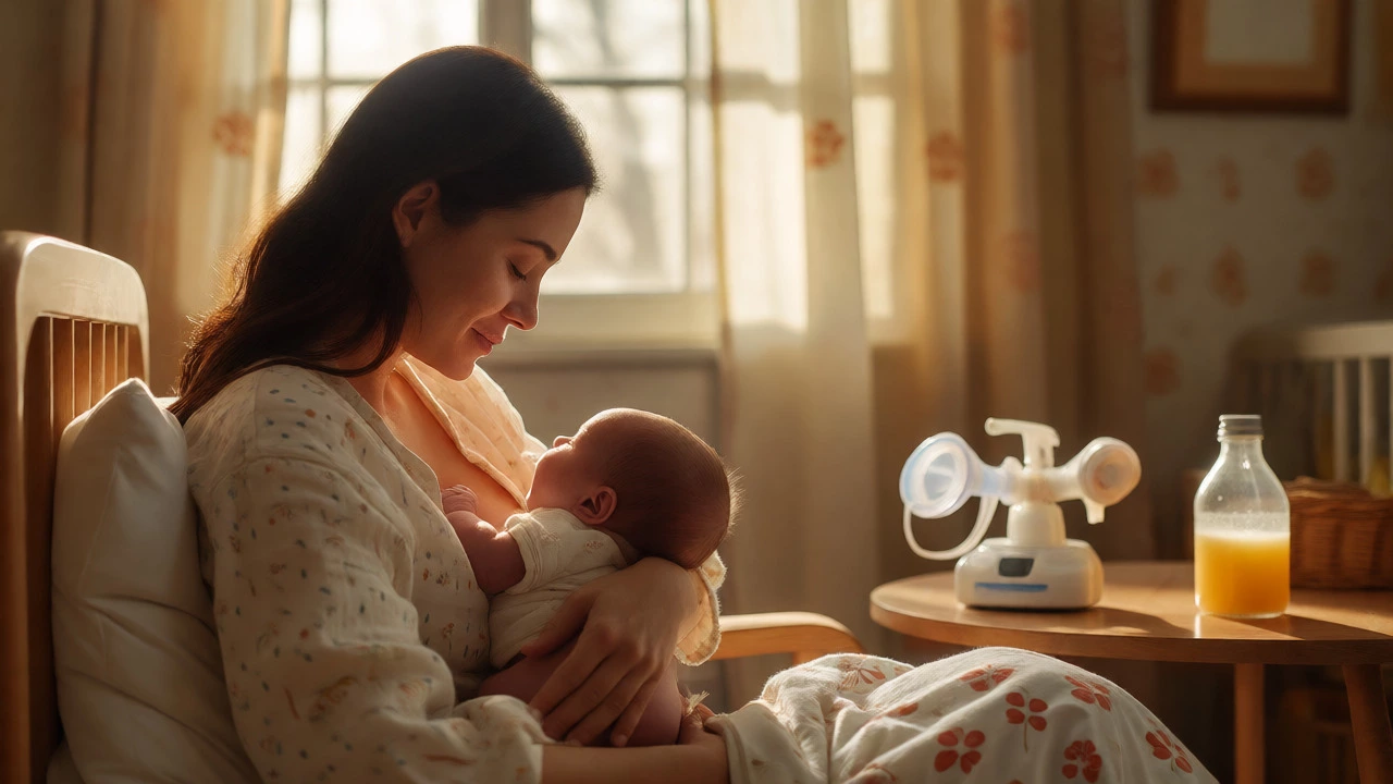 Mother holding baby skin-to-skin near breast pump and milk bottle