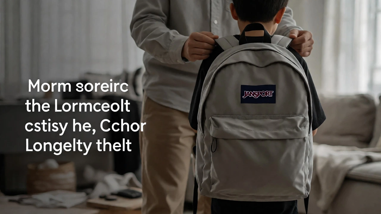 Parent adjusting a child's plain JanSport backpack in a minimalist home