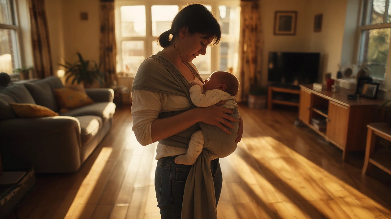 Parent carrying sleeping newborn in home setting