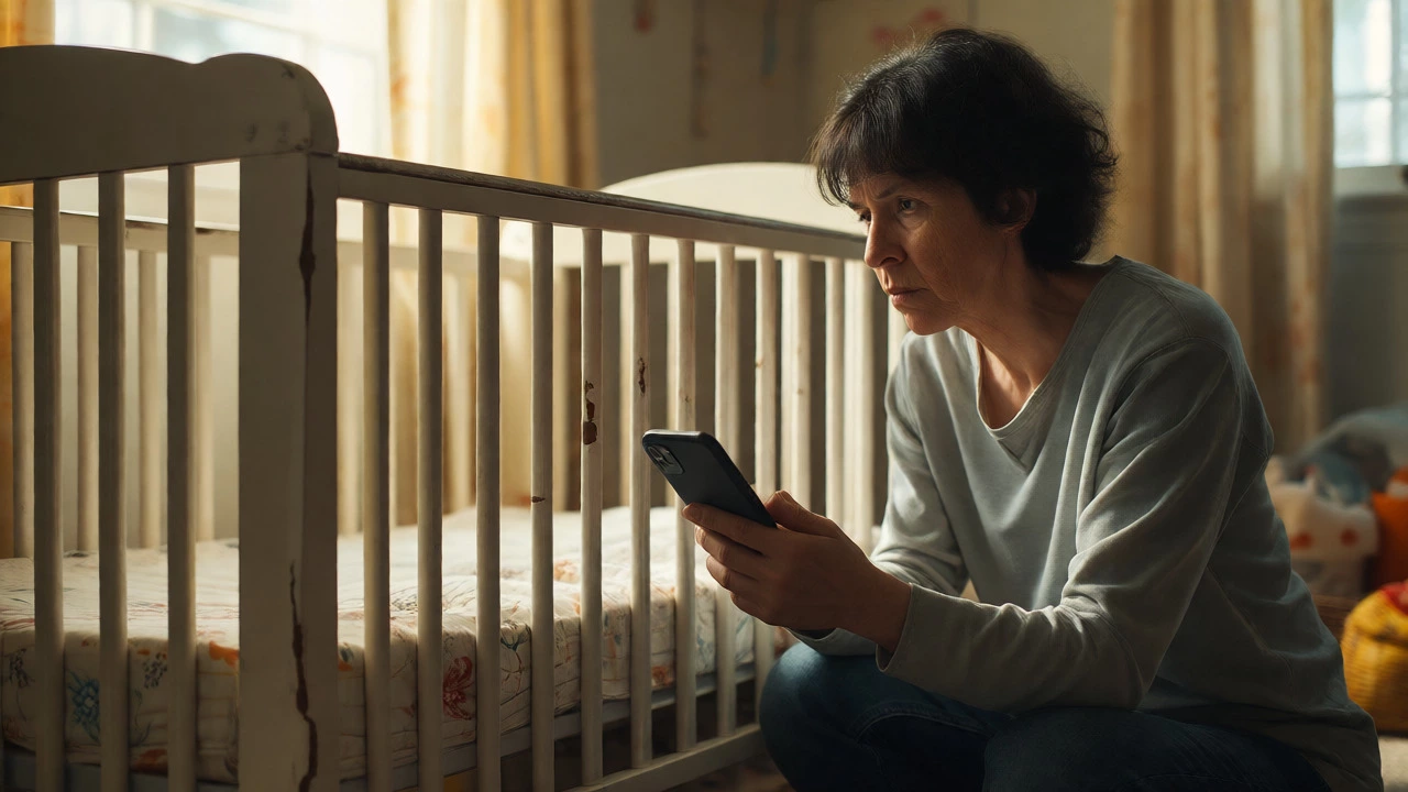 Parent checking smartphone for crib recalls next to a used crib