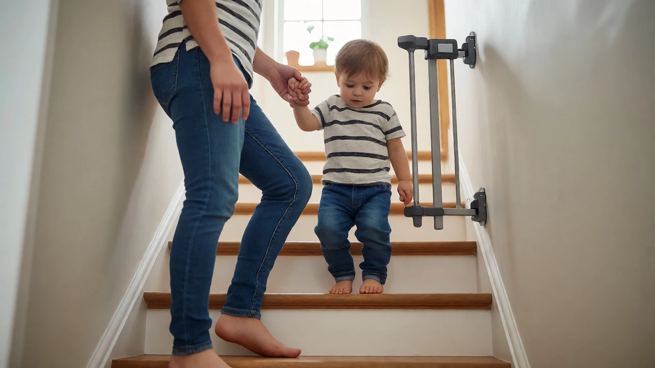 Parent guiding toddler up stairs with two feet per step