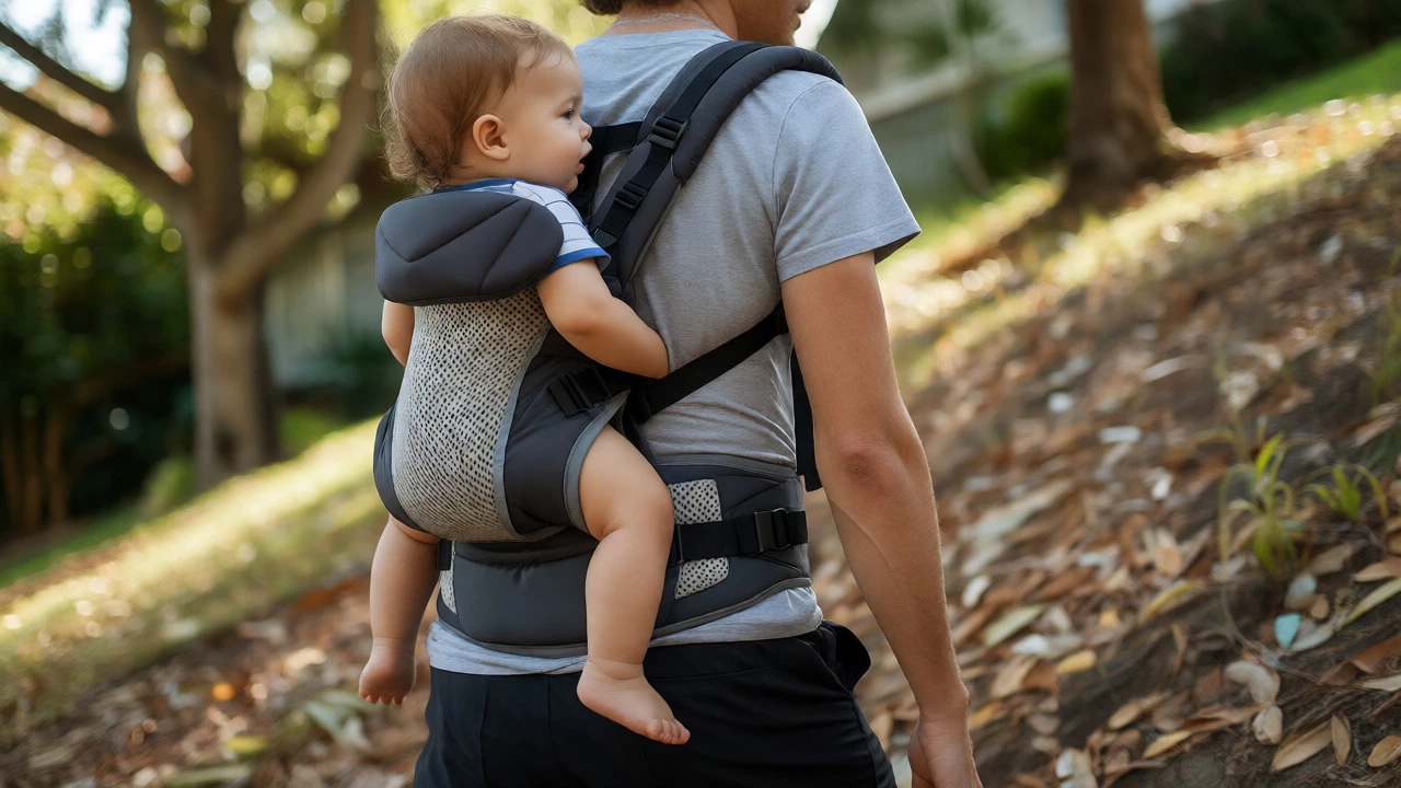 Parent hiking uphill with toddler in structured hip-support carrier