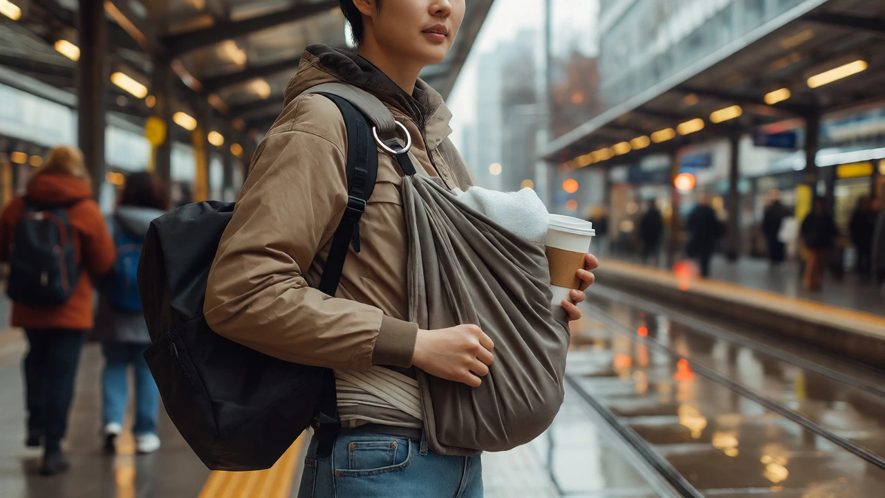 Parent using ring sling on a city tram platform for quick commute